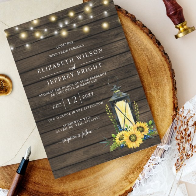 Barn Wood String Lights Sunflowers Lantern Wedding Invitation (Creator Uploaded)