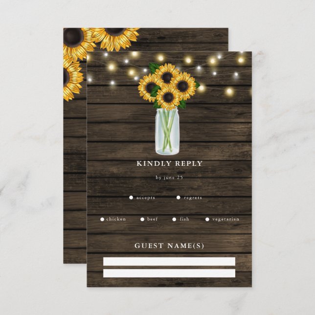 Barn Wood String Lights Sunflowers  RSVP Card (Front/Back)