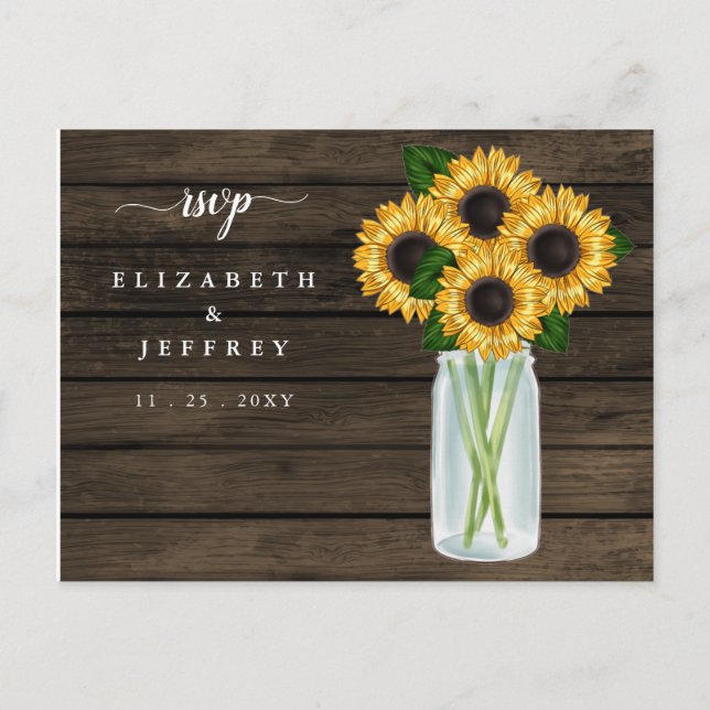 Barn Wood String Lights Sunflowers RSVP  Invitation Postcard (Front)