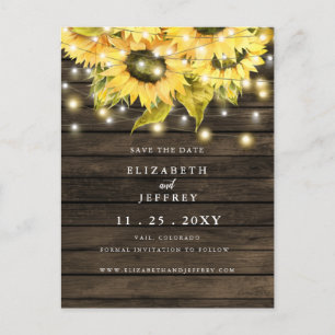 Barn Wood String Lights Sunflowers Save The Date   Announcement Postcard
