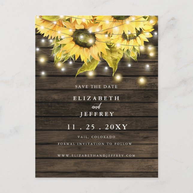 Barn Wood String Lights Sunflowers Save The Date   Announcement Postcard (Front)