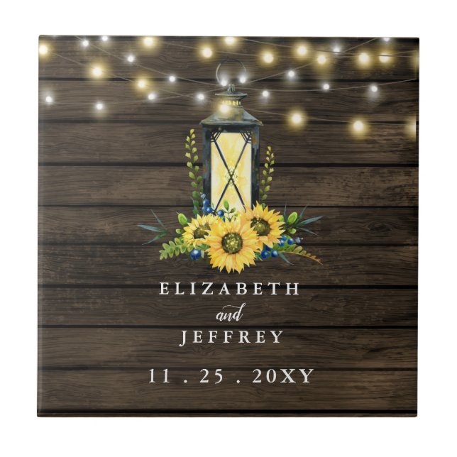 Barn Wood String Lights Sunflowers Wedding   Ceramic Tile (Front)