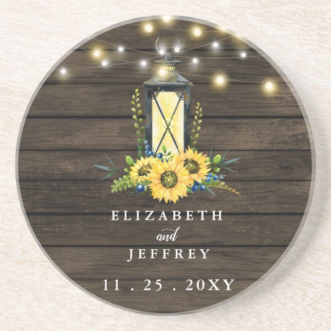 Barn Wood String Lights Sunflowers Wedding   Coaster (Front)