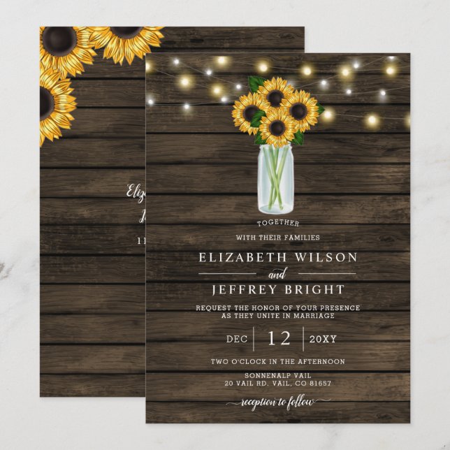 Barn Wood String Lights Sunflowers Wedding  Invitation (Front/Back)