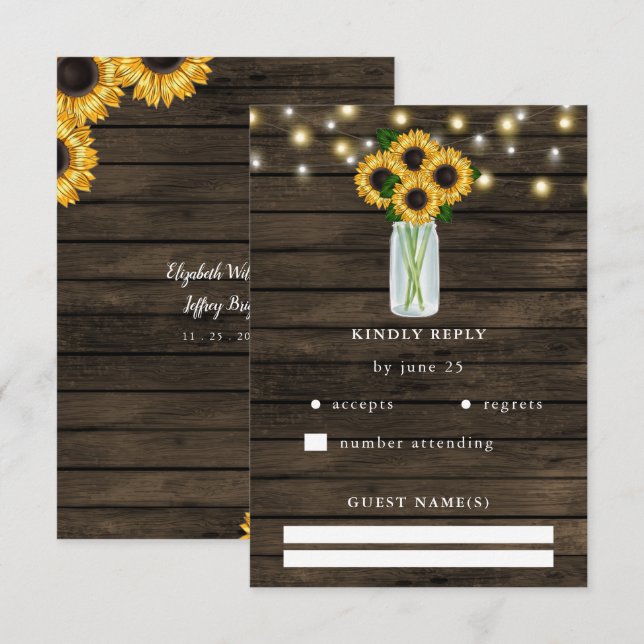 Barn Wood String Lights Sunflowers Wedding  RSVP Card (Front/Back)