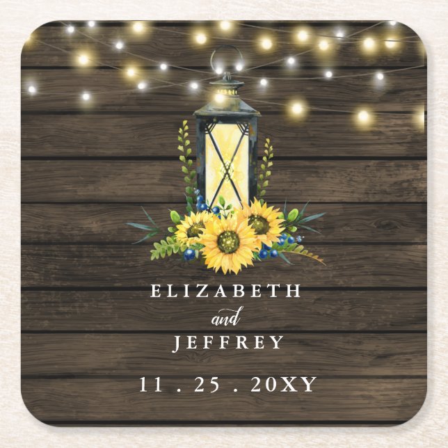Barn Wood String Lights Sunflowers Wedding  Square Paper Coaster (Front)