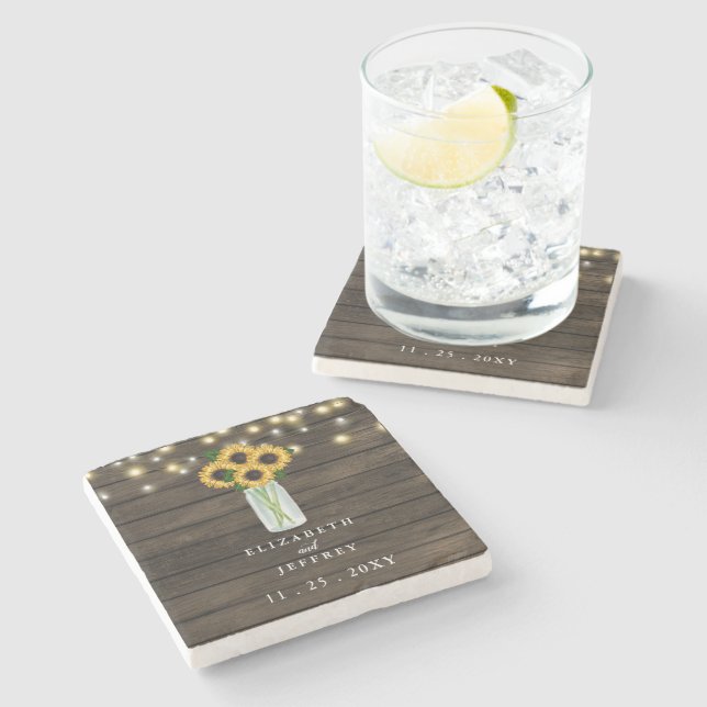 Barn Wood String Lights Sunflowers Wedding  Square Stone Coaster (Side)