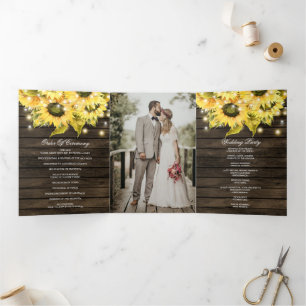 Barn wood String Lights Sunfowers Photo Wedding  Tri-Fold Programme