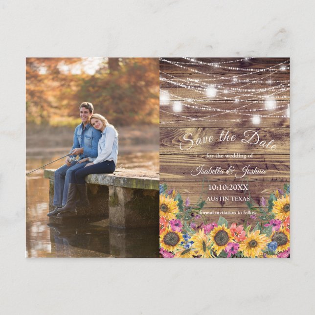 Barn Wood | String of Lights  Photo Save The Date Postcard (Front)
