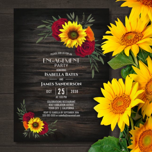 Barn Wood Sunflower Burgundy Rose Engagement Party Invitation (Creator Uploaded)