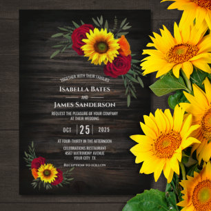 Barn Wood Sunflower Burgundy Rose Wedding Invitation