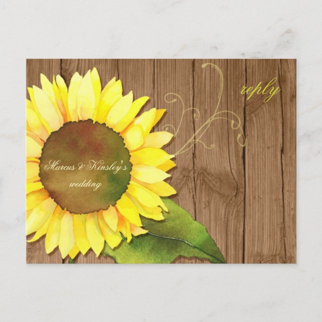Barn Wood Sunflower Fall Wedding RSVP Invitation Postcard (Front)