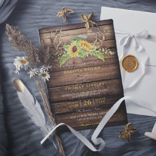 Barn Wood Sunflowers Antlers QR Code Wedding Invitation