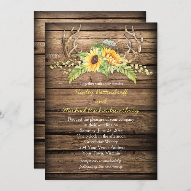 Barn Wood Sunflowers Antlers with RSVP Wedding Invitation (Front/Back)