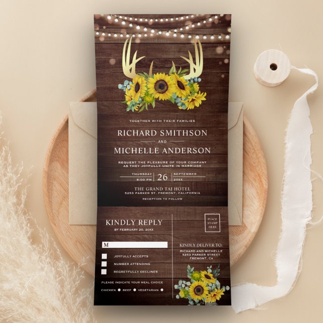Barn Wood Sunflowers Floral Gold Antler Wedding Tri-Fold Invitation (Creator Uploaded)