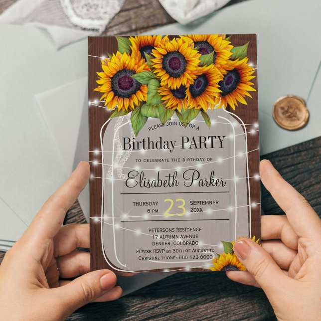 Barn wood sunflowers mason jar birthday party invitation (Creator Uploaded)