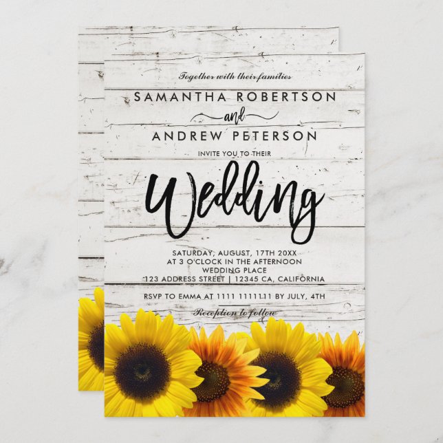 Barn wood sunflowers typography rustic wedding invitation (Front/Back)