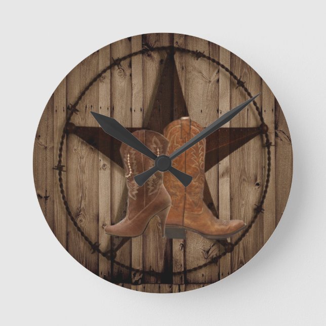 Barn Wood Texas Star western country cowboy boots Round Clock (Front)