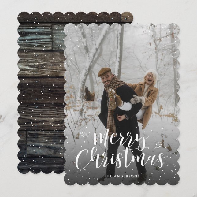 Barn Wood Typography Snow Photo Merry Christmas Holiday Card (Front/Back)
