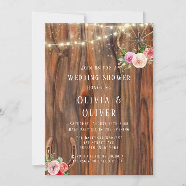 Barn Wood Wagon Wheel Horseshoe Wedding Shower Invitation (Front)