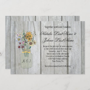 Barn Wood Wildflowers Mason Jar Ribbon Wedding Invitation