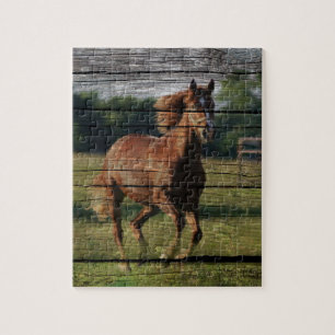 Barn Woodgrain Country Ranch Galloping Brown Horse Jigsaw Puzzle