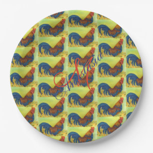 BARN YARD FUN ROOSTER MONOGRAM PARTY PAPER PLATE
