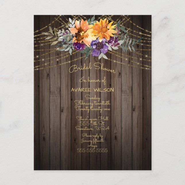  Barnboard String Lights Sunflowers Bridal Shower Postcard (Front)