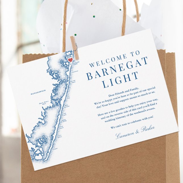 Barnegat Light NJ Navy Wedding Welcome Itinerary Thank You Card (Barnegat Light NJ Map Wedding Welcome Letter Schedule Itinerary in Elegant Navy Blue by Coastal Map )