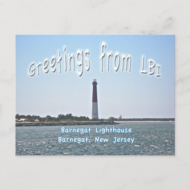 Barnegat Lighthouse (Old Barney) Greetings LBI Postcard (Front)