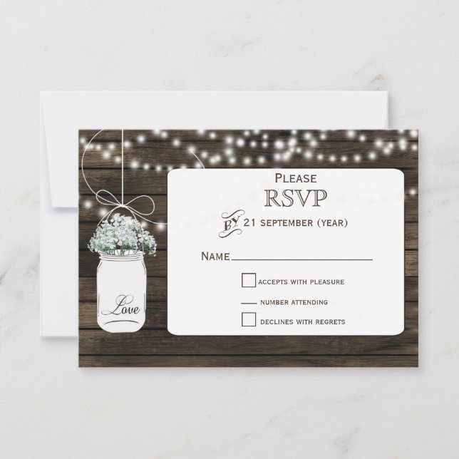 Barnwood baby's breath mason jar RSVP 3.5 x 5 Card (Front)