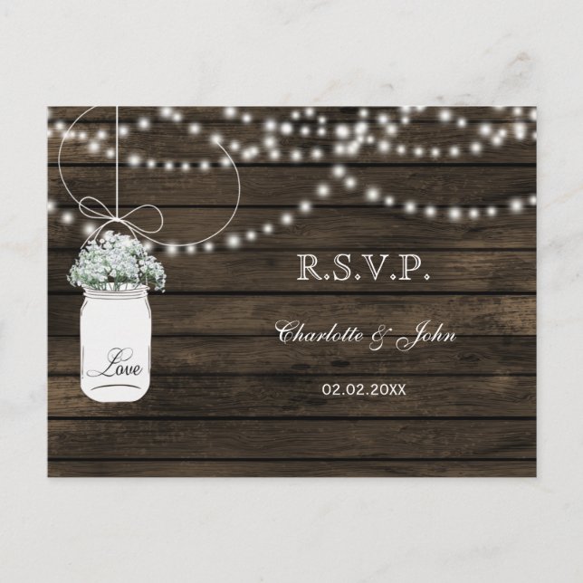 Barnwood baby's breath mason jars wedding RSVP Invitation Postcard (Front)