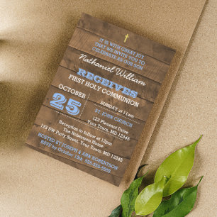 Barnwood Blue First Communion Invitation