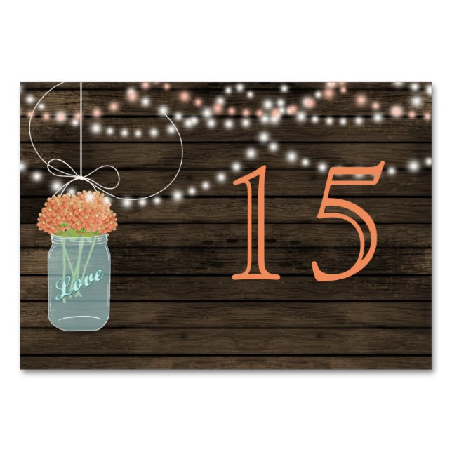 Barnwood coral mason jars wedding table numbers (Front)