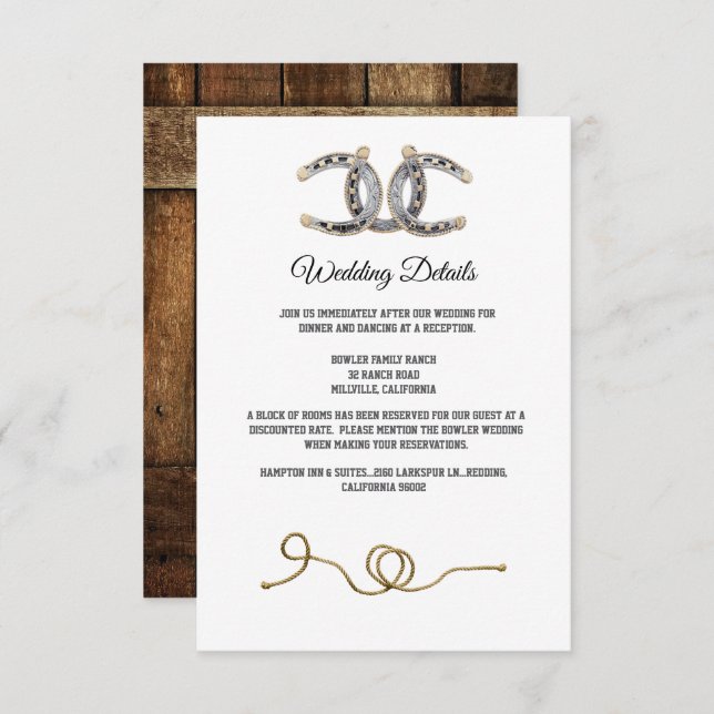 Barnwood, Country Lace & Horseshoes Wedding Enclosure Card (Front/Back)