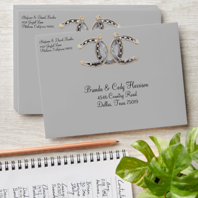 Barnwood, Country Lace & Horseshoes Wedding Envelope (Stacked)