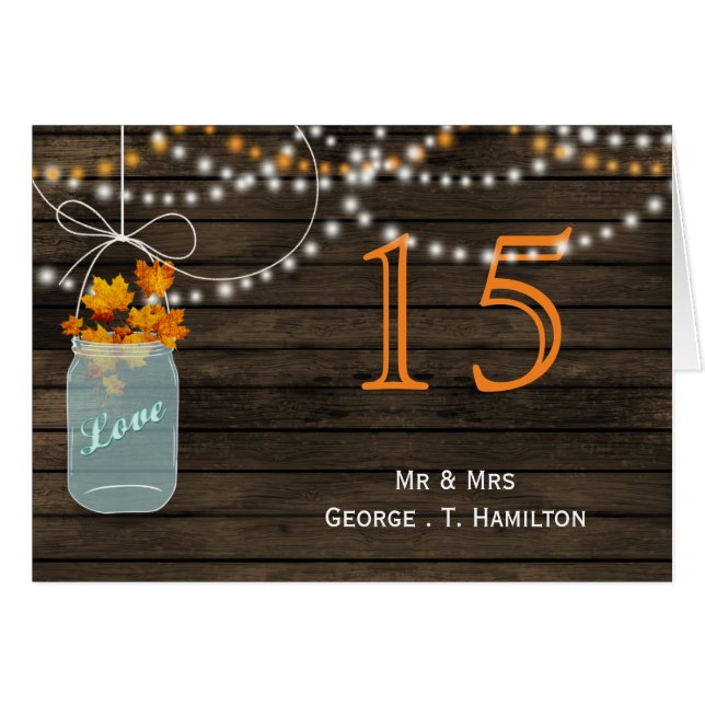 Barnwood fall leaves mason jars table numbers (Front Horizontal)