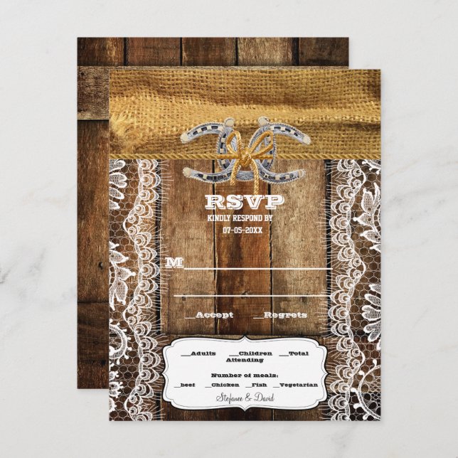 Barnwood, Lace & Horseshoes Wedding  RSVP Card (Front/Back)