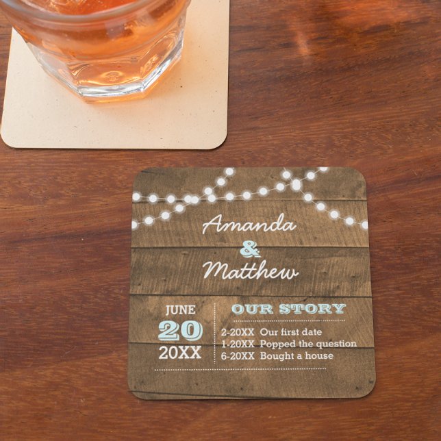 Barnwood Lights Aqua Personalised Wedding Square Paper Coaster (Creator Uploaded)