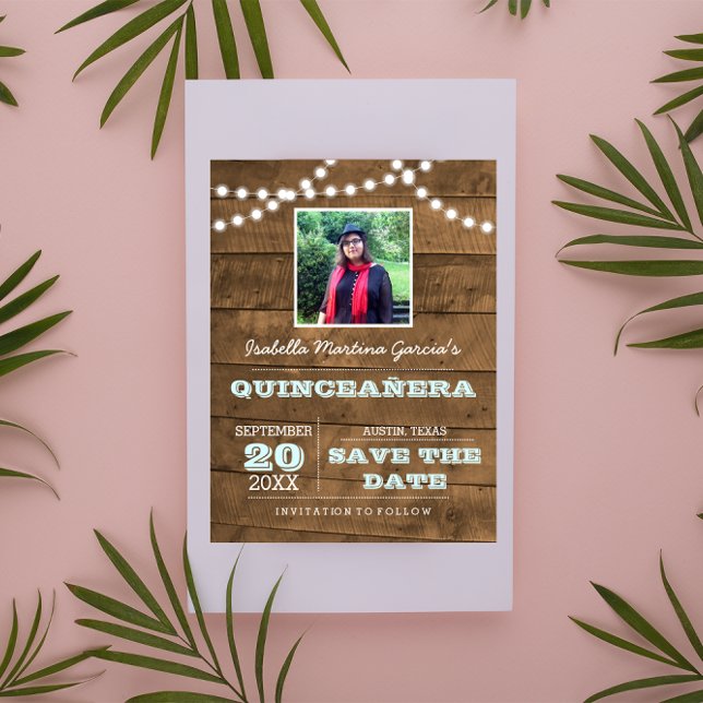 Barnwood Lights Aqua Quinceañera Photo Save Date Announcement Postcard (Creator Uploaded)