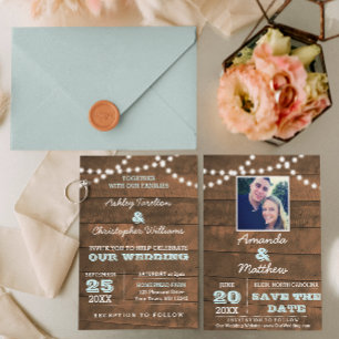 Barnwood Lights Aqua Wedding Save the Date Announcement Postcard