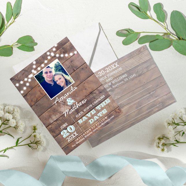 Barnwood Lights Aqua Wedding Save the Date Announcement Postcard (Creator Uploaded)