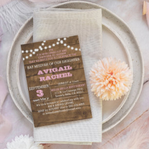Barnwood Lights Pink B"H Bat Mitzvah Invitation