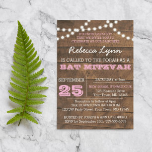Barnwood Lights Pink Bat Mitzvah Custom Invitation
