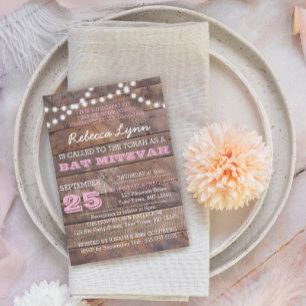 Barnwood Lights Pink Bat Mitzvah Invitation