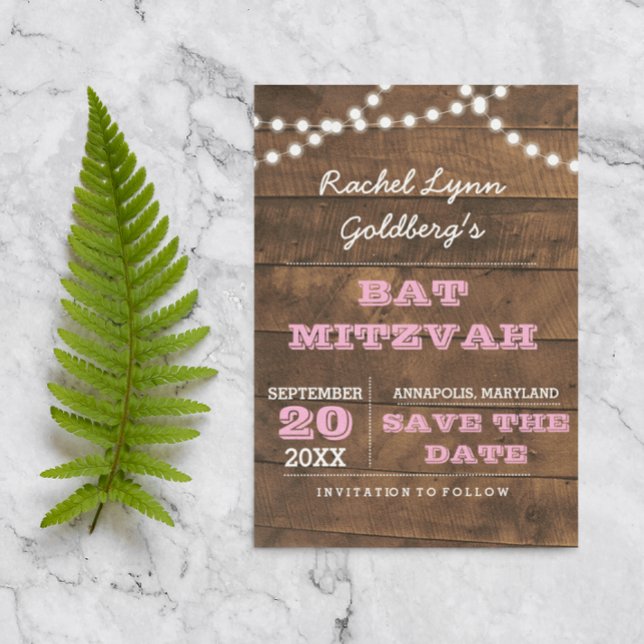 Barnwood Lights Pink Bat Mitzvah Save the Date Announcement Postcard (Creator Uploaded)
