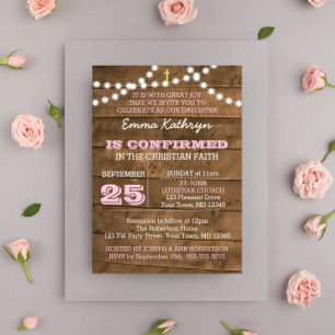 Barnwood Lights Pink Confirmation Invitation