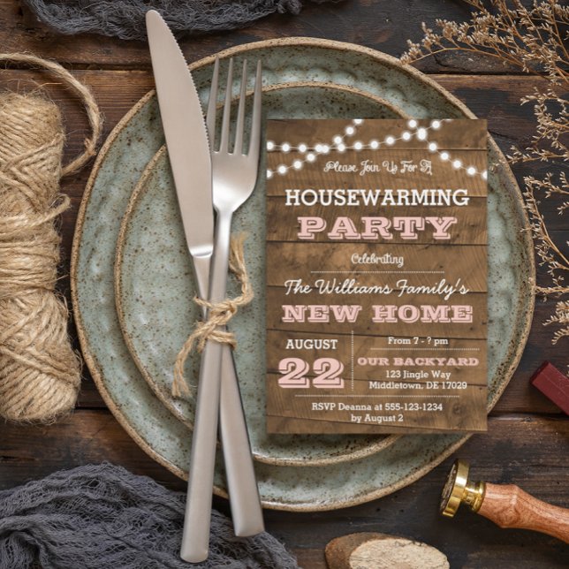 Barnwood Lights Pink Housewarming Invitation (Creator Uploaded)