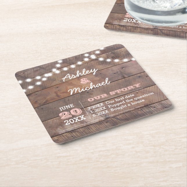 Barnwood Lights Pink Personalised Wedding Square Paper Coaster (Angled)