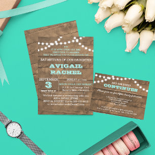 Barnwood Lights Teal B"H Bat Mitzvah Invitation